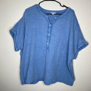 J Jill womens blue crinkle gauze cotton popover top boxy lightweight 3X